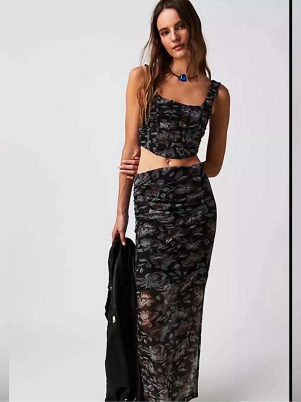 Free People Black Floral Sheer Skirt and Corset Top - Entire Set